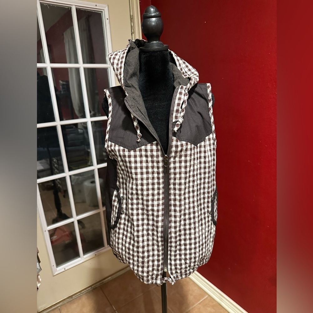 Vintage Japanese Bally Gingham Hooded Vest Brown White Check Cotton Women’s M/L - Picture 9 of 10